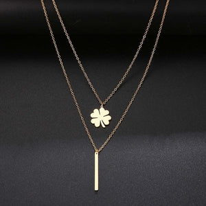 Layered Four Leaf Clover and Bar Necklace