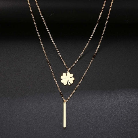 Layered Four Leaf Clover and Bar Necklace