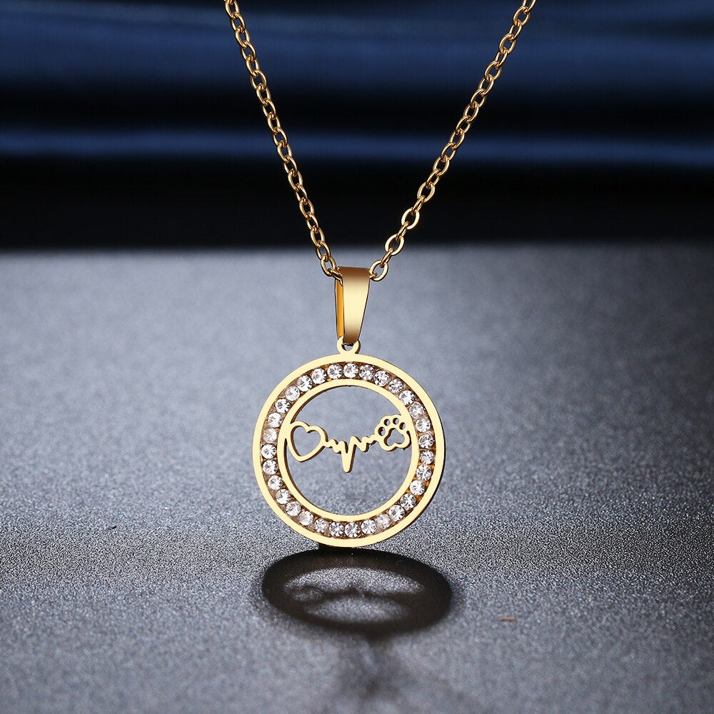 Heartbeat & Dog Footprint with Crystals Necklace